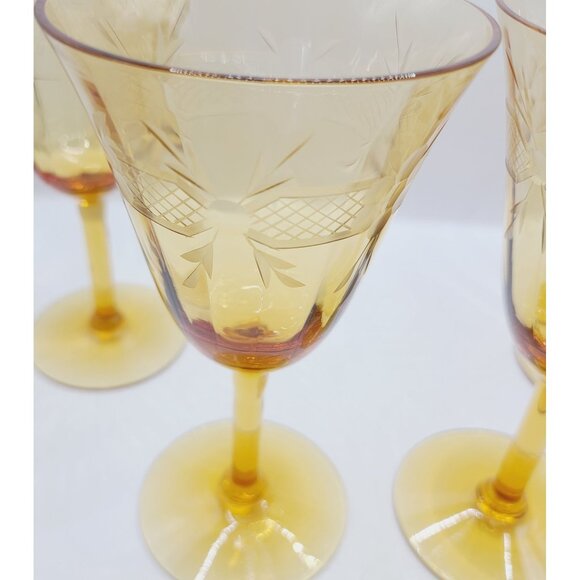 Vintage Amber Glass Wine Goblets With Etched Floral Design Set of 4 MCM - Picture 4 of 10